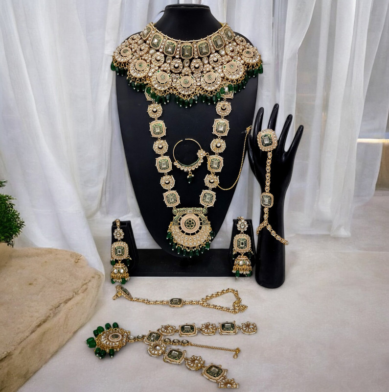 [BRIDAL COMBO 61 GREEN] Traditional Statement Green Kundan Choker Necklace Earring Jewellery Set For Bride