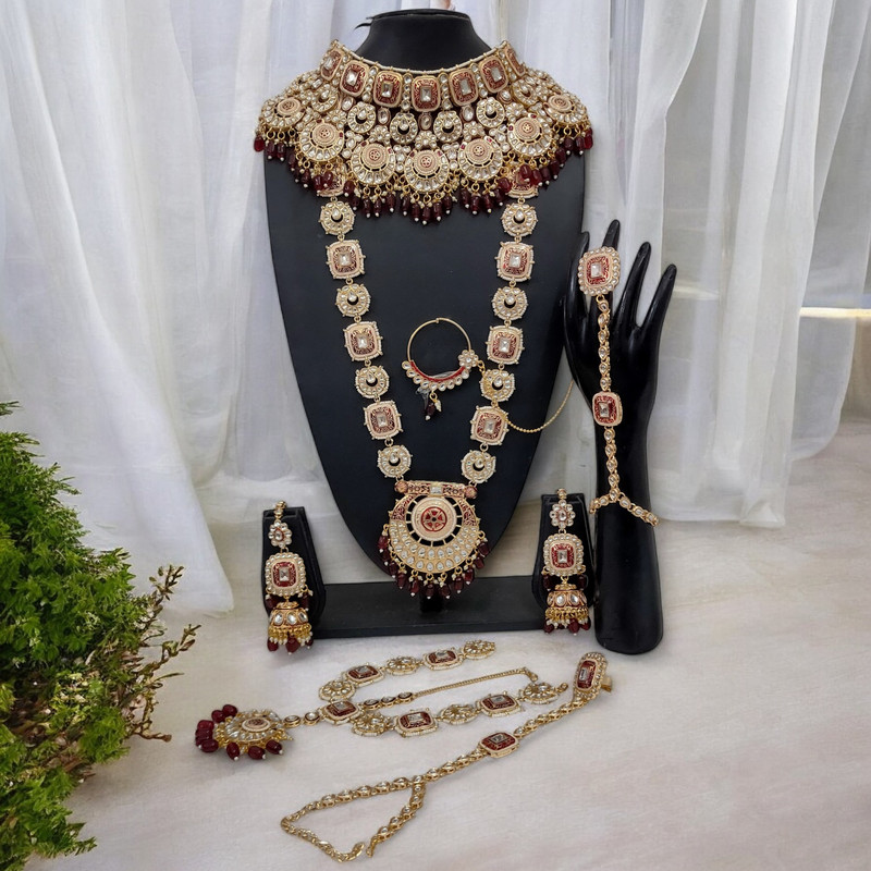 [BRIDAL COMBO 61 MAROON] Chic Statement Maroon Kundan Choker Necklace Earring Jewellery Set For Bride