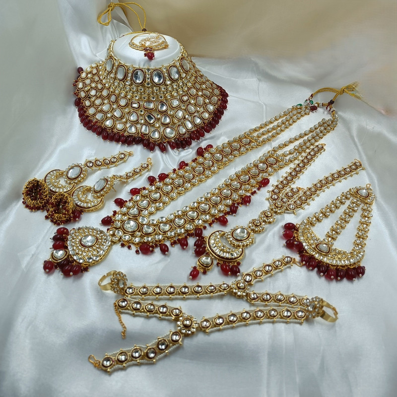 [BRIDAL COMBO 62 MAROON] Desi Statement Maroon Kundan Choker Necklace Earring Jewellery Set For Bride