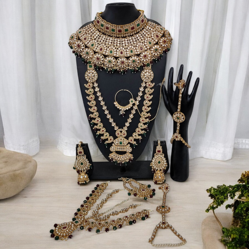 [BRIDAL COMBO 63 MULTI] Royal Statement Multi Kundan Choker Necklace Earring Jewellery Set For Bride
