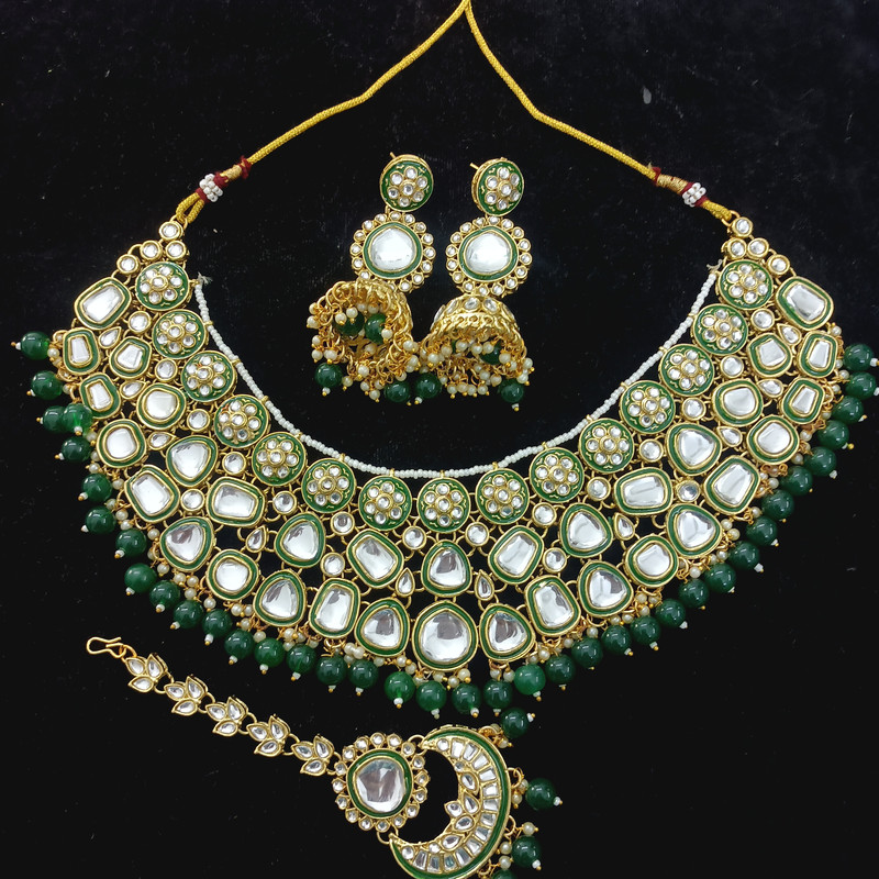BRIDAL COMBO 66 GREEN Kundan Choker Necklace Earring Jewellery set for Bride