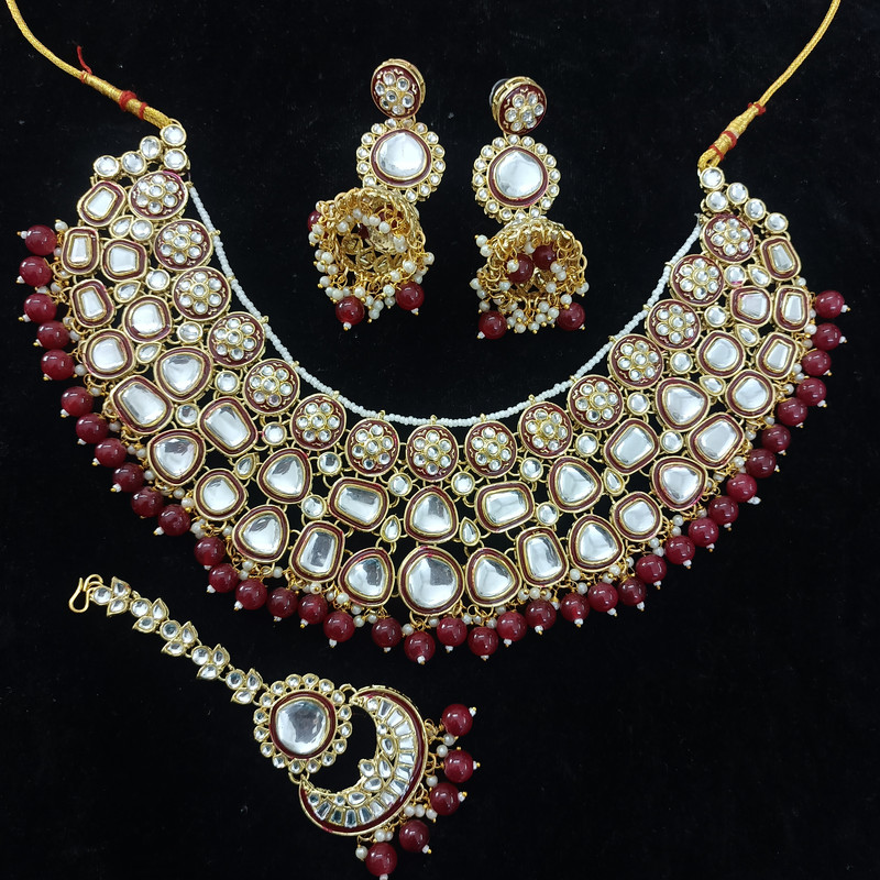 [BRIDAL COMBO 66 MAROON] Trendy Statement Maroon Kundan Choker Necklace Earring Jewellery Set For Bride