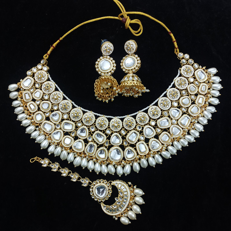 [BRIDAL COMBO 66 WHITE] Shandaar Statement White Kundan Choker Necklace Earring Jewellery Set For Bride