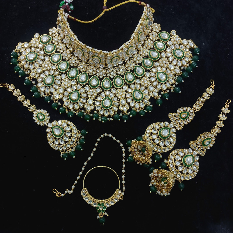 [BRIDAL COMBO 67 GREEN] Exquisite Statement Green Kundan Choker Necklace Earring Jewellery Set For Bride