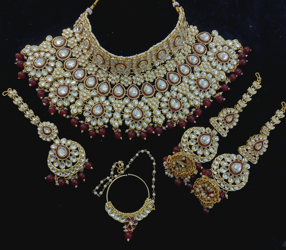 [BRIDAL COMBO 67 MAROON] Gorgeous Statement Maroon Kundan Choker Necklace Earring Jewellery Set For Bride