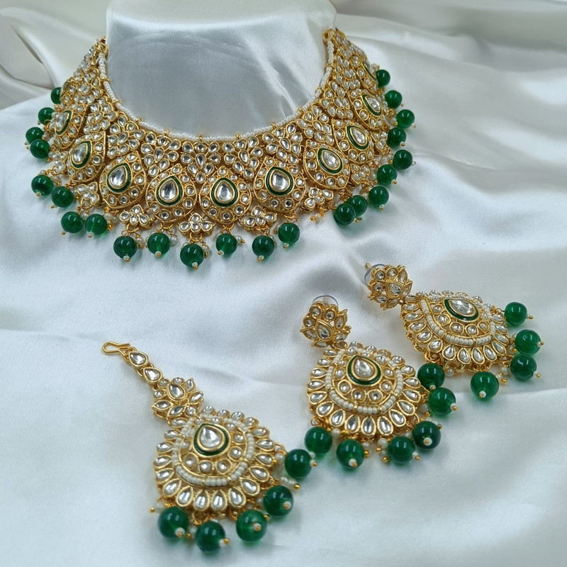 [BRIDAL COMBO 68 GREEN] Beautiful Statement Green Kundan Choker Necklace Earring Jewellery Set For Bride
