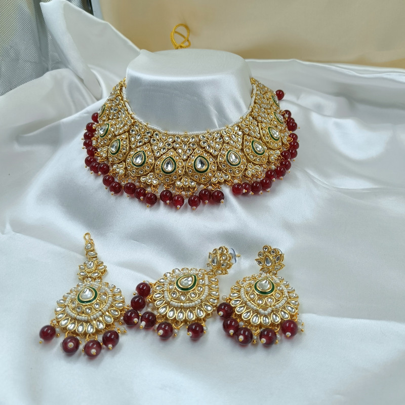 [BRIDAL COMBO 68 MAROON] Stunning Statement Maroon Kundan Choker Necklace Earring Jewellery Set For Bride