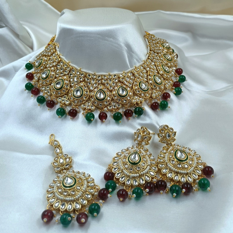 [BRIDAL COMBO 68 MULTI] Premium Statement Multi Kundan Choker Necklace Earring Jewellery Set For Bride