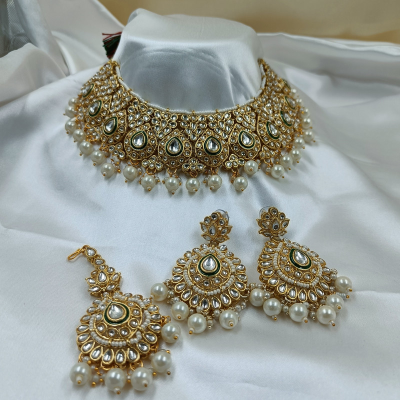 [BRIDAL COMBO 68 WHITE] Exclusive Statement White Kundan Choker Necklace Earring Jewellery Set For Bride