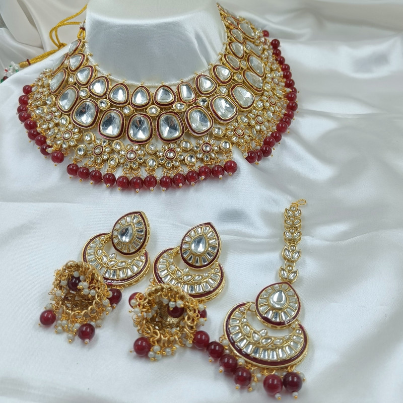 [BRIDAL COMBO 69 MAROON] Authentic Statement Maroon Kundan Choker Necklace Earring Jewellery Set For Bride