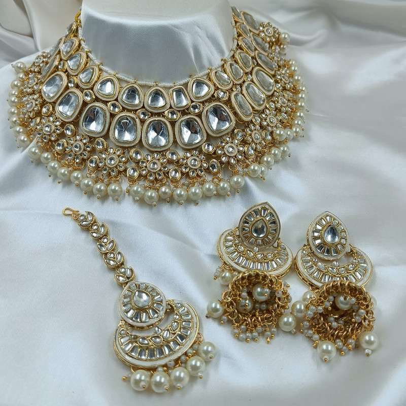 [BRIDAL COMBO 69 WHITE] Artisan Statement White Kundan Choker Necklace Earring Jewellery Set For Bride