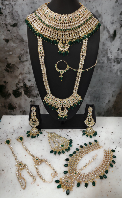 [BRIDAL COMBO 8 GREEN] Divine Statement Green Kundan Choker Necklace Earring Jewellery Set For Bride