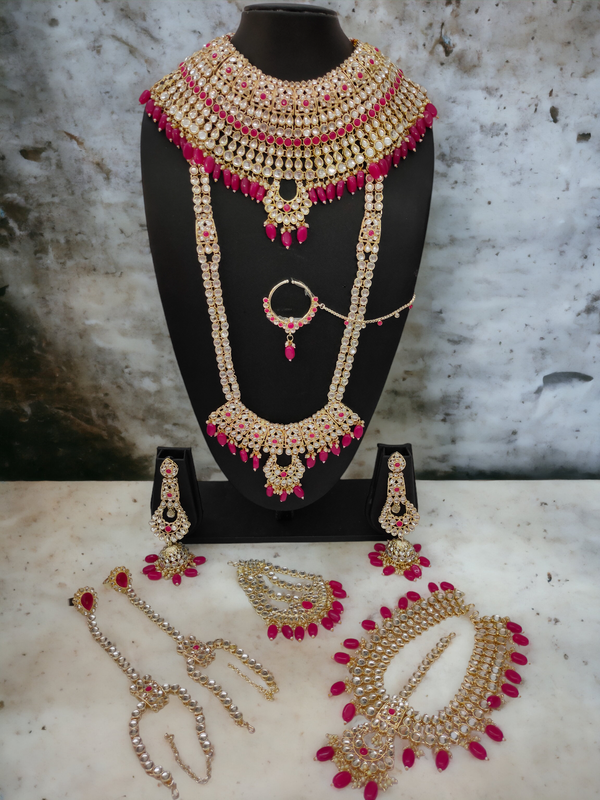 [BRIDAL COMBO 8 RANI PINK] Regal Statement Rani Pink Kundan Choker Necklace Earring Jewellery Set For Bride