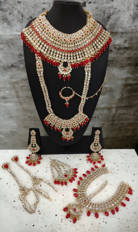 [BRIDAL COMBO 8 RED] Majestic Statement Red Kundan Choker Necklace Earring Jewellery Set For Bride