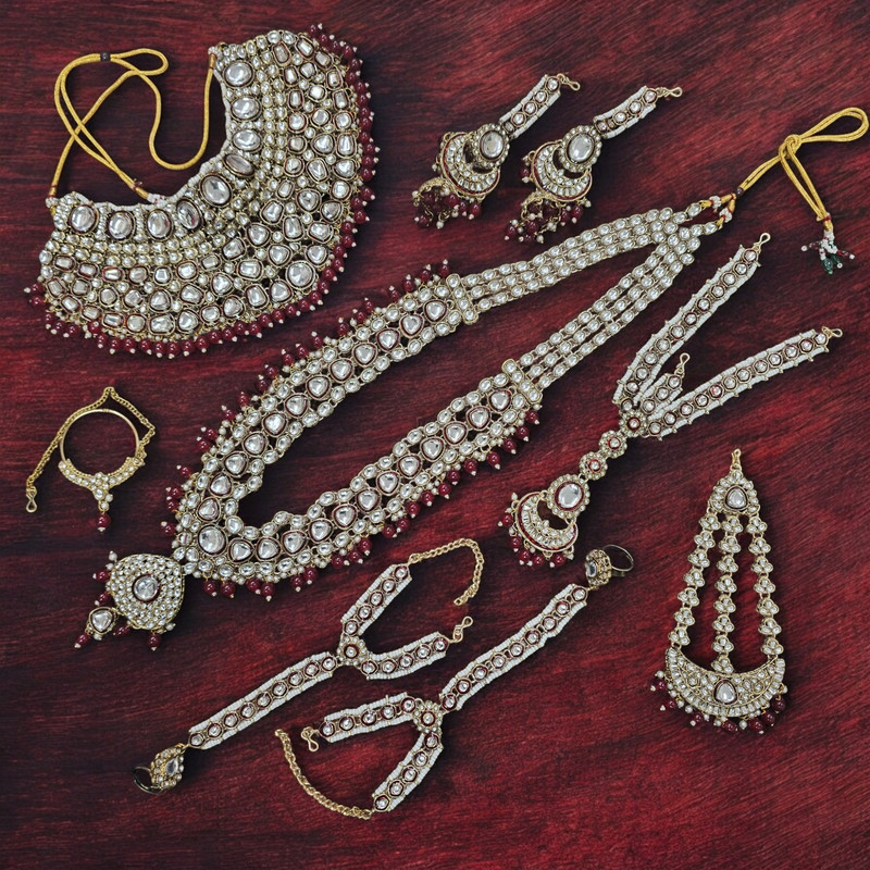[BRIDAL COMBO 82 MAROON] Dazzling Statement Maroon Kundan Choker Necklace Earring Jewellery Set For Bride