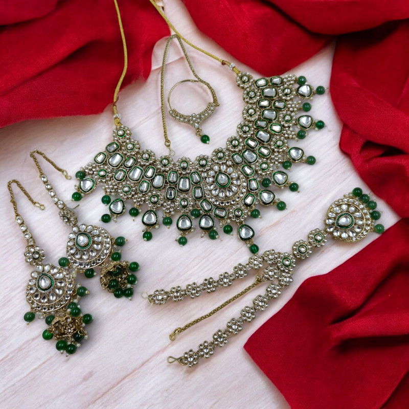 BRIDAL COMBO 83 GREEN Kundan Choker Necklace Earring Jewellery set for Bride