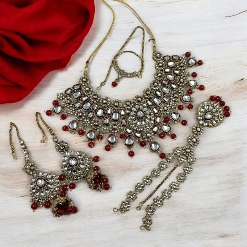 BRIDAL COMBO 83 MAROON Kundan Choker Necklace Earring Jewellery set for Bride