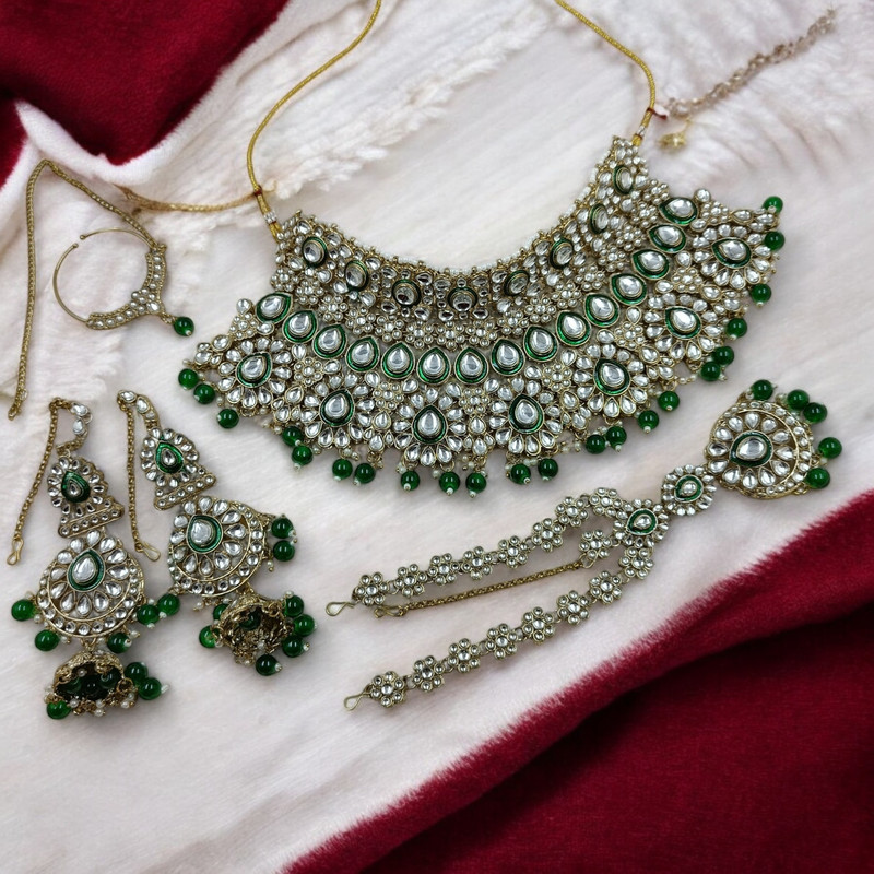 BRIDAL COMBO 84 GREEN Kundan Choker Necklace Earring Jewellery set for Bride