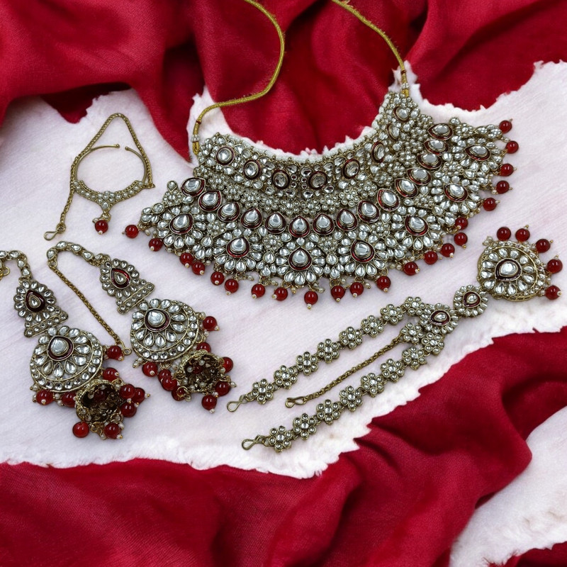 [BRIDAL COMBO 84 MAROON] Enchanting Statement Maroon Kundan Choker Necklace Earring Jewellery Set For Bride
