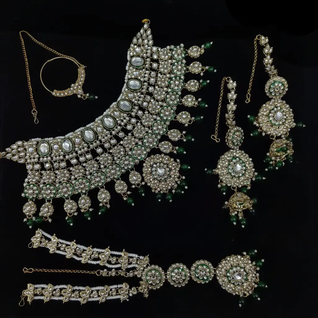 [BRIDAL COMBO 85 GREEN] Splendid Statement Green Kundan Choker Necklace Earring Jewellery Set For Bride