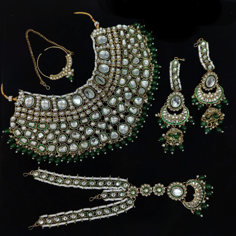 [BRIDAL COMBO 86 GREEN] Breathtaking Statement Green Kundan Choker Necklace Earring Jewellery Set For Bride