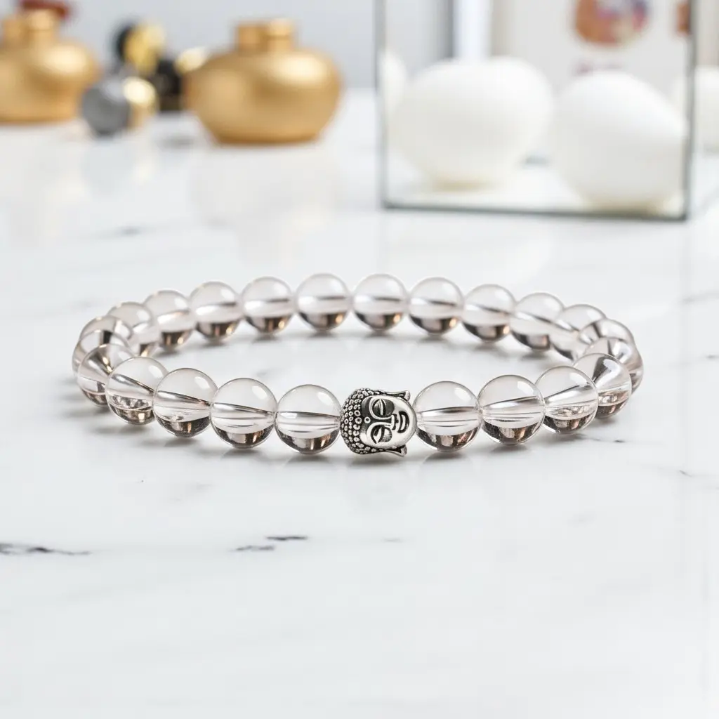 [Clear Quartz Men Bracelet With Buddha (23 Beads)] Clear Quartz Men Bracelet With Buddha (23 Beads)