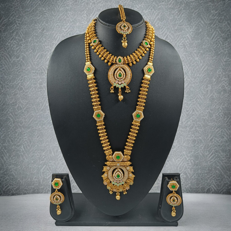 [CDS15 GREEN] Elegant Evening Cds15 Green Copper Matte Finish Necklace & Earrings Jewellery Set For Women