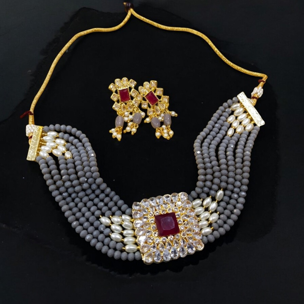 [NS43 GREY] Regal Heritage Ns43 Grey Kundan Necklace Earring Jewellery Set