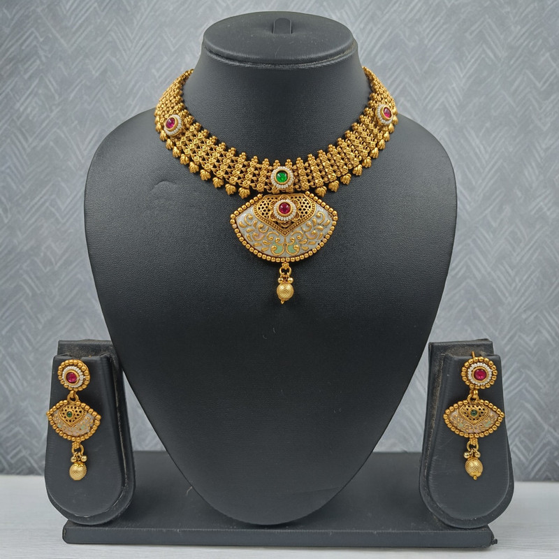 [NS673] Premium Boutique Ns673 Copper Choker Necklace Earring Jewellery Set In Matte Finish