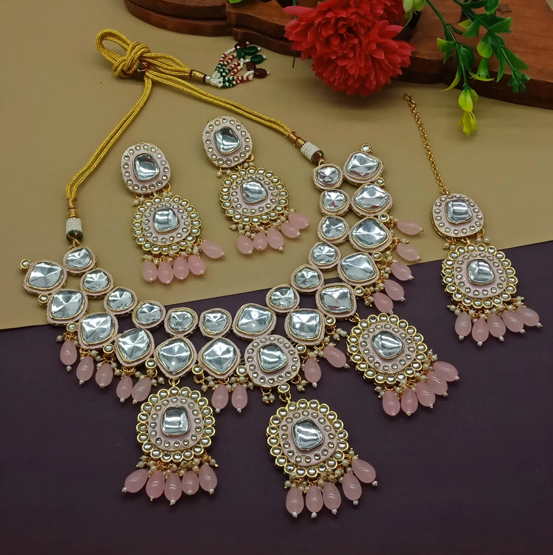 [DMT02 BABY PINK] Graceful Evening Baby Pink Choker Kundan Necklace & Earrings Jewellery Set For Women