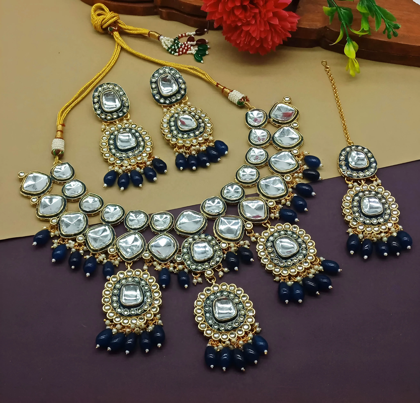 [DMT02 BLUE] Alluring Evening Blue Choker Kundan Necklace & Earrings Jewellery Set For Women