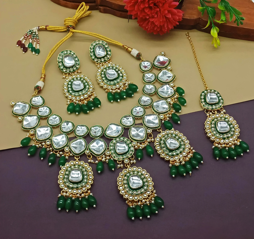[DMT02 GREEN] Enchanting Evening Green Choker Kundan Necklace & Earrings Jewellery Set For Women