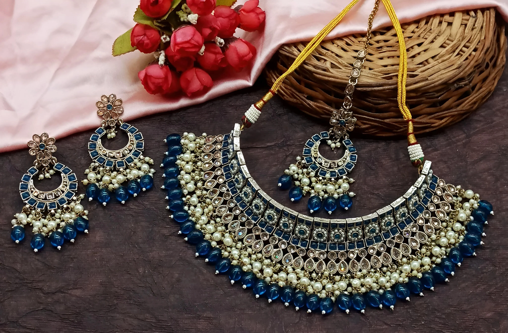 [DMT04 BLUE] Mesmerizing Evening Blue Choker Kundan Necklace & Earrings Jewellery Set For Women