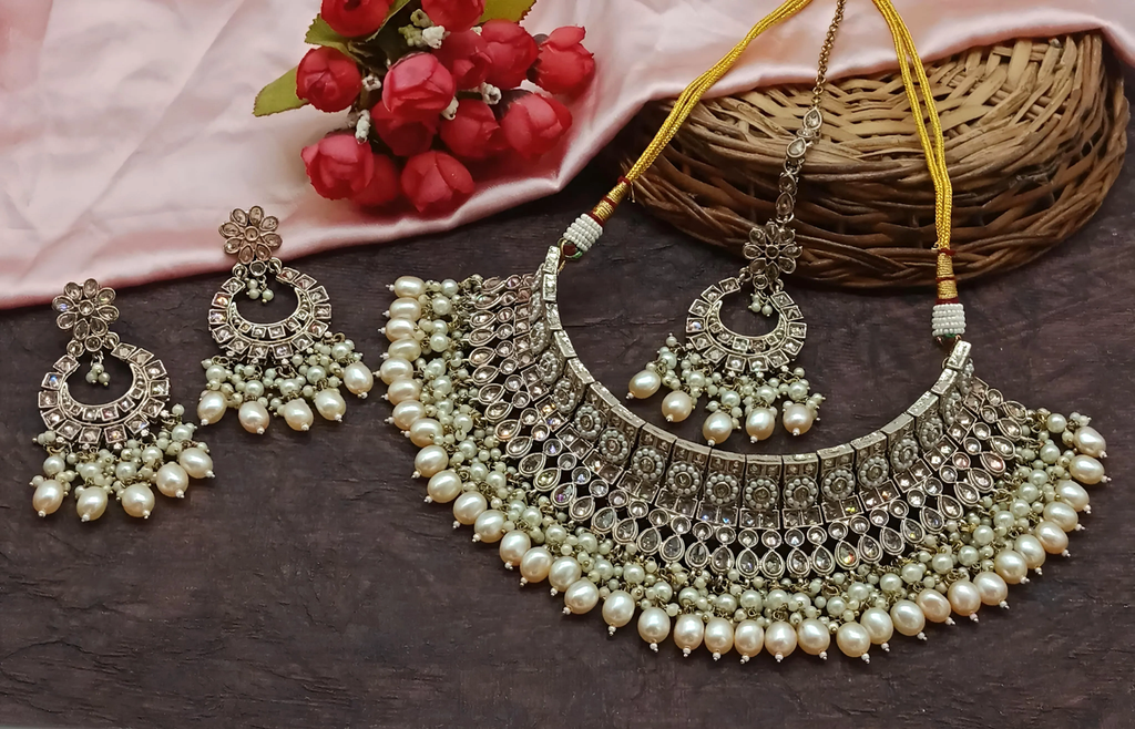 [DMT04 LCD] Ethereal Evening Lcd Choker Kundan Necklace & Earrings Jewellery Set For Women