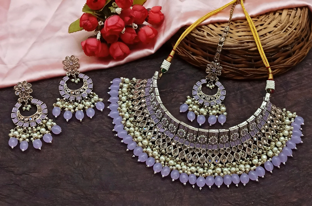 [DMT04 LIGHT PURPLE] Flawless Evening Light Purple Choker Kundan Necklace & Earrings Jewellery Set For Women