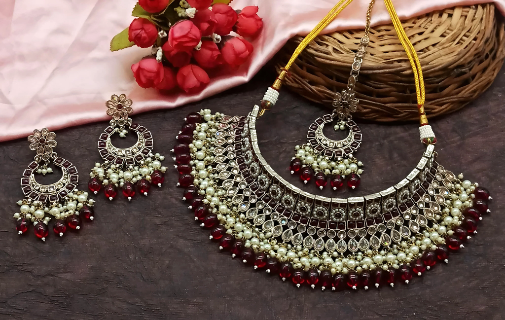 [DMT04 MAROON] Pristine Evening Maroon Choker Kundan Necklace & Earrings Jewellery Set For Women