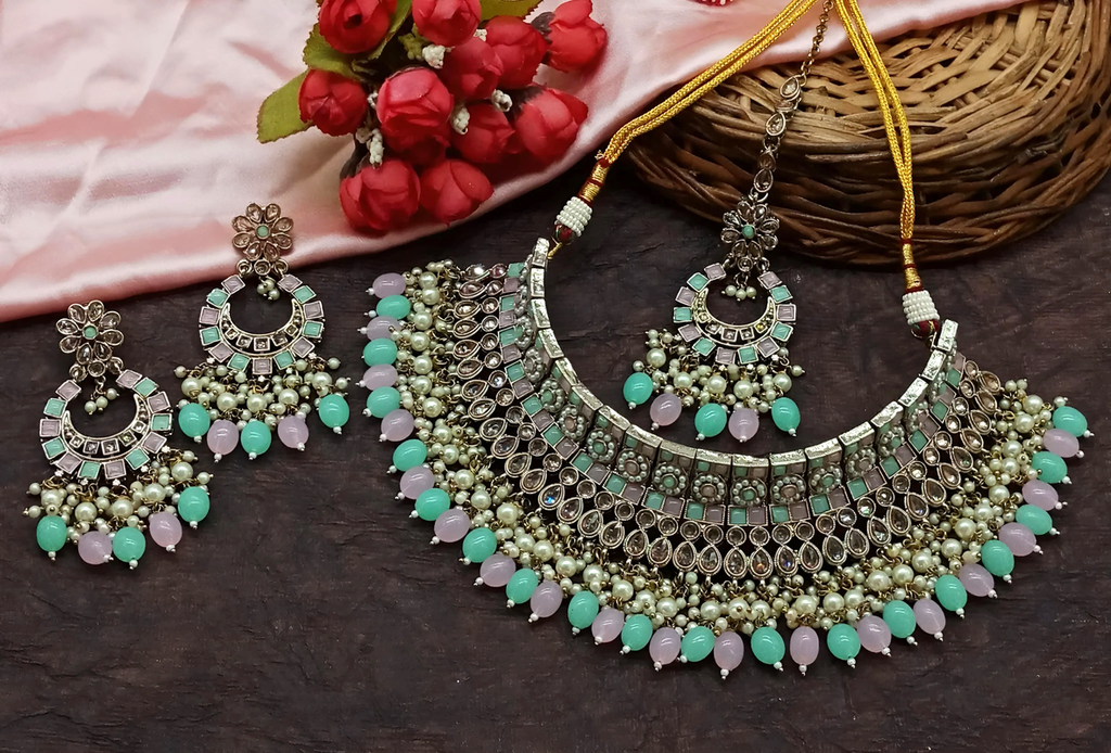 [DMT04 MINTGREEN BABYPINK] Ornate Evening Mintgreen Babypink Choker Kundan Necklace & Earrings Jewellery Set For Women