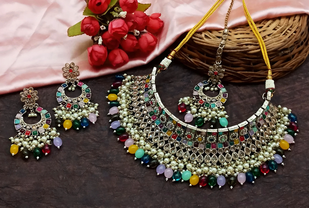 [DMT04 MULTI] Resplendent Evening Multi Choker Kundan Necklace & Earrings Jewellery Set For Women