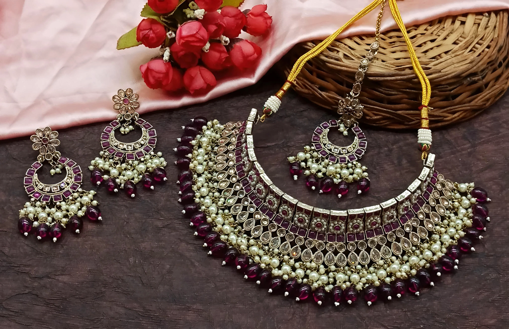 [DMT04 PURPLE] Lustrous Evening Purple Choker Kundan Necklace & Earrings Jewellery Set For Women