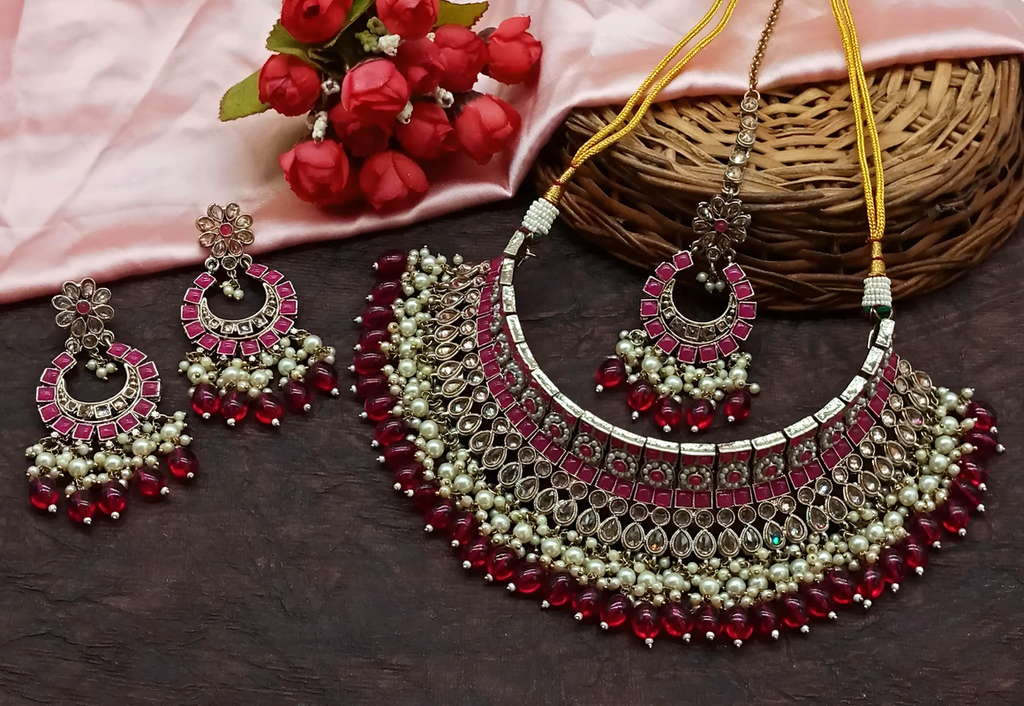 [DMT04 RANI PINK] Vibrant Evening Rani Pink Choker Kundan Necklace & Earrings Jewellery Set For Women