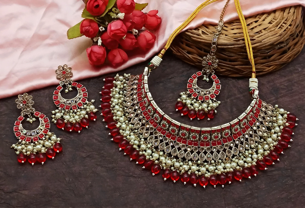 [DMT04 RED] Elegant Cocktail Red Choker Kundan Necklace & Earrings Jewellery Set For Women