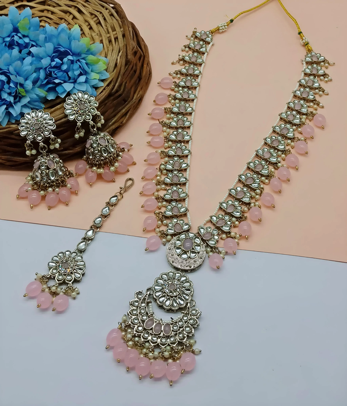[DMT05 BABYPINK] Chic Cocktail Babypink V Neck Long Kundan Necklace & Earrings Jewellery Set For Women