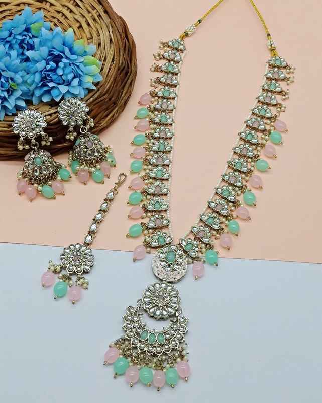 [DMT05 BABYPINK MINTGREEN] Magnifique Cocktail Babypink Mintgreen V Neck Long Kundan Necklace & Earrings Jewellery Set For Women