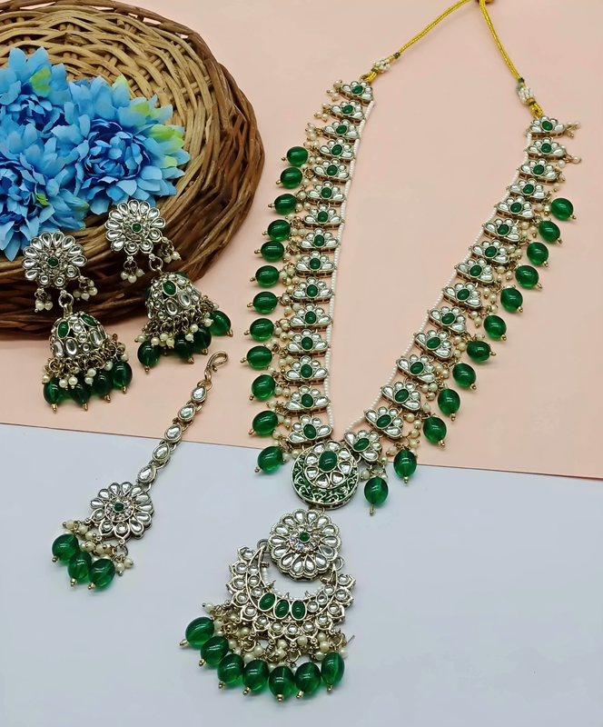 [DMT05 GREEN] Desi Cocktail Green V Neck Long Kundan Necklace & Earrings Jewellery Set For Women