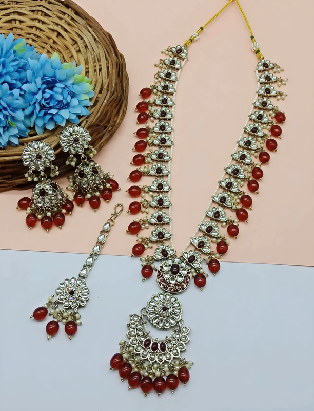 [DMT05 MAROON] Royal Cocktail Maroon V Neck Long Kundan Necklace & Earrings Jewellery Set For Women