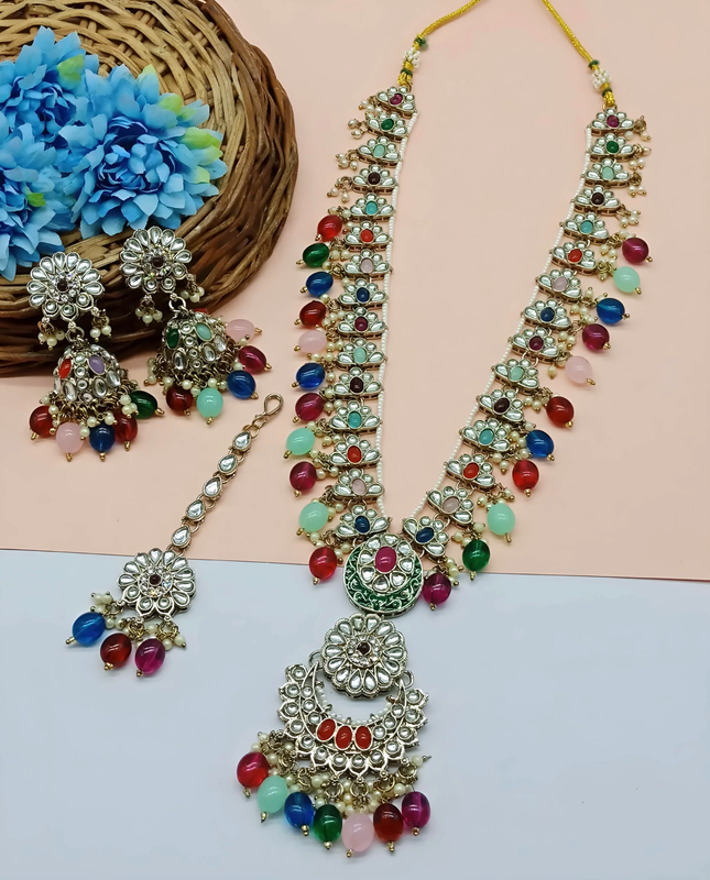 [DMT05 MULTI] Classic Cocktail Multi V Neck Long Kundan Necklace & Earrings Jewellery Set For Women