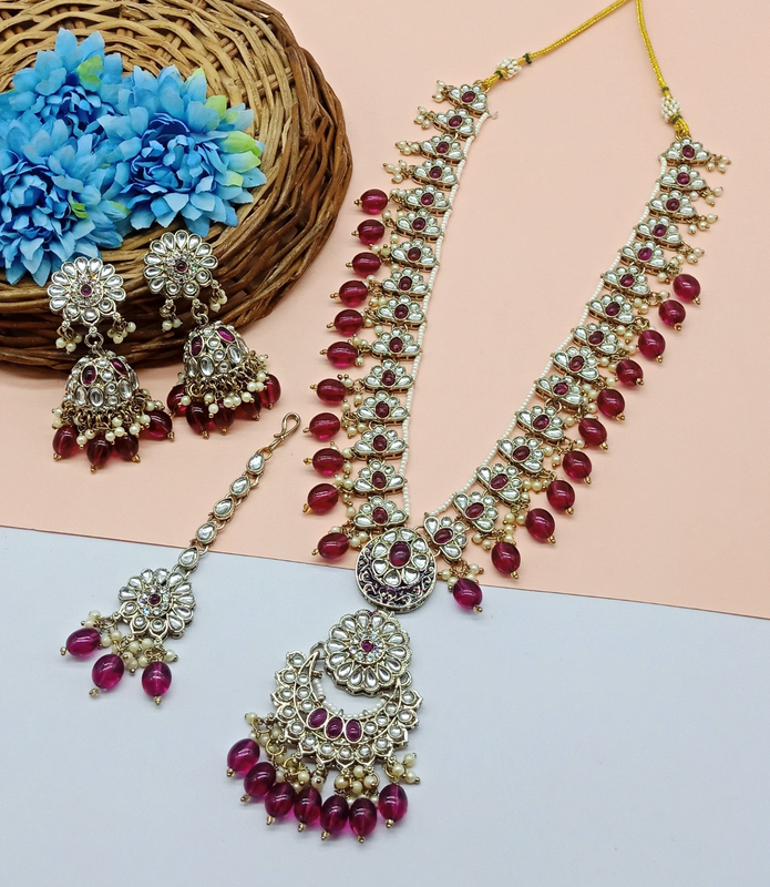 [DMT05 PURPLE] Glamorous Cocktail Purple V Neck Long Kundan Necklace & Earrings Jewellery Set For Women