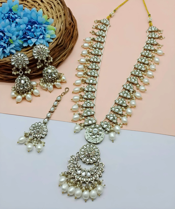 DMT05 WHITE V Neck Long Kundan Necklace & Earrings Jewellery set for Women