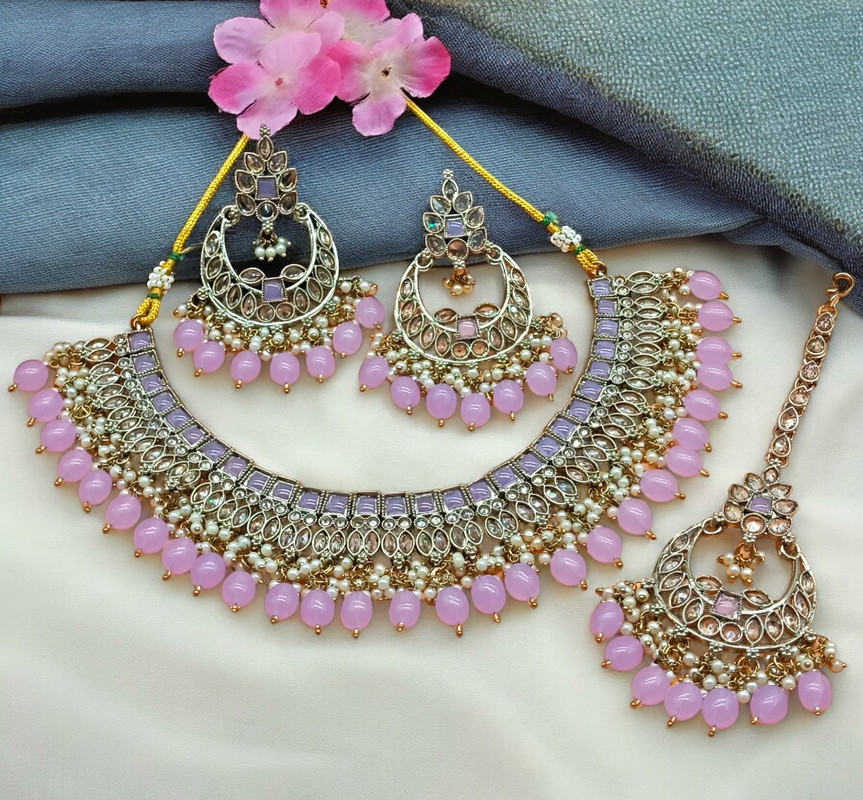 [DMT07 BABYPINK] Trendy Cocktail Babypink Choker Mehndi Polish Kundan Necklace & Earrings Jewellery Set For Women