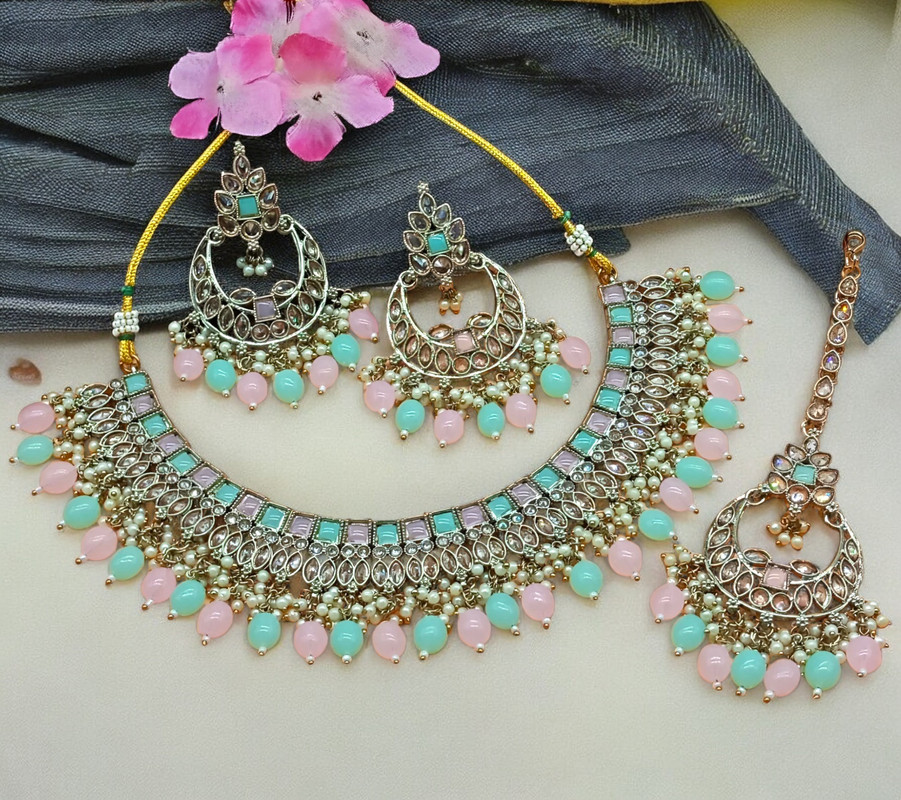 [DMT07 BABYPINK MINTGREEN] Shandaar Cocktail Babypink Mintgreen Choker Mehndi Polish Kundan Necklace & Earrings Jewellery Set For Women